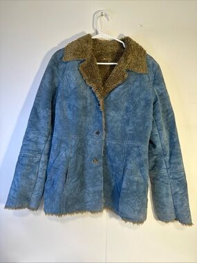 Guess Women’s Blue Suede Shearling Jacket with Brown Fur Trim